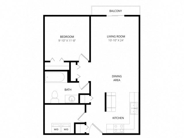 Floor plan for 1 bed, 1 bath, 609 sqft